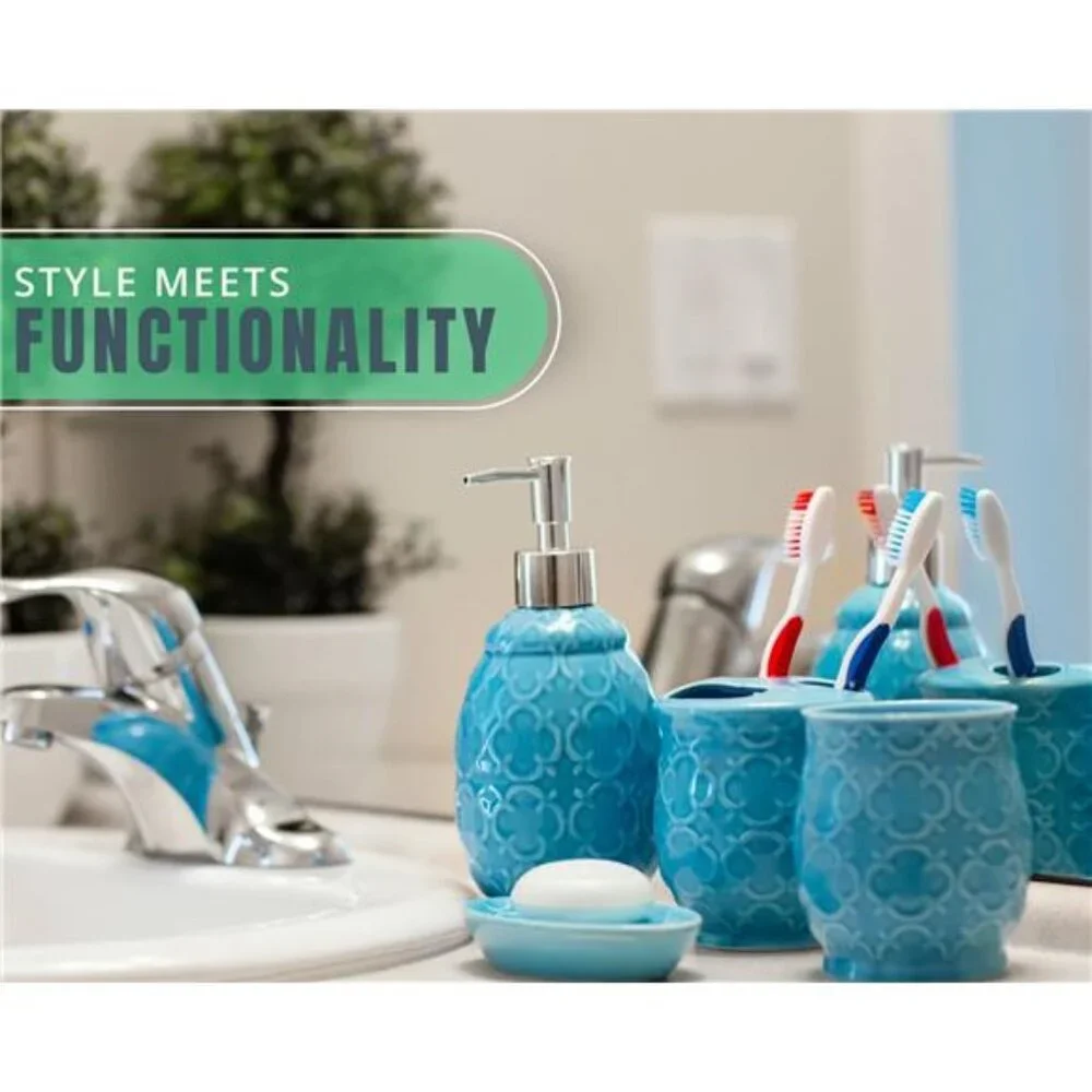 Blue Ceramic Bathroom Accessory Set 4 Piece Soap Dish Toothbrush Holder Tumbler